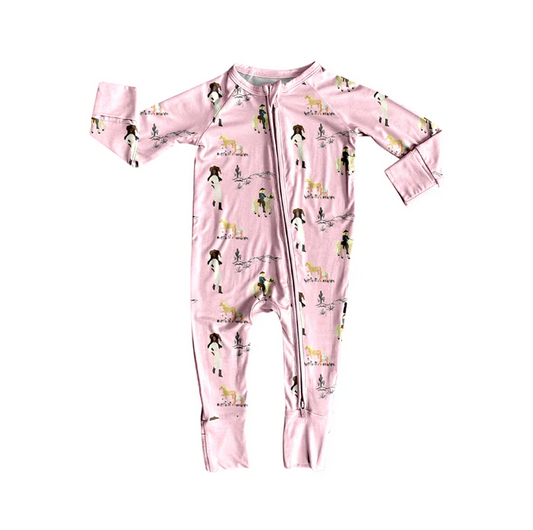 5.26 Preorder (moq 5)Baby Girls Long Sleeves Pink Horse Rodeos Zipper Rompers