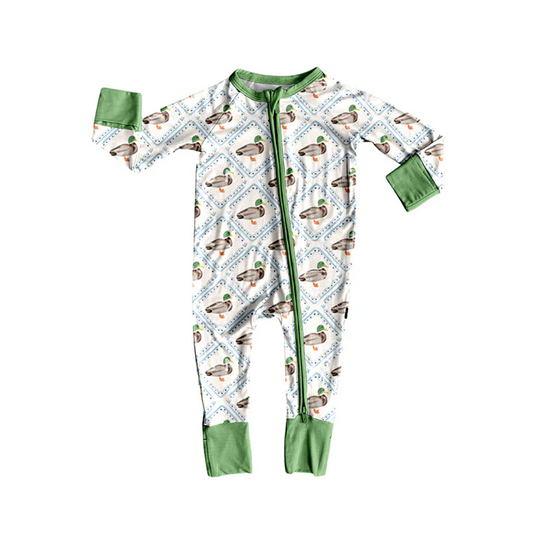 5.26 Preorder (moq 5)Baby Girls Long Sleeves Green Ducks Plaid Zipper Rompers