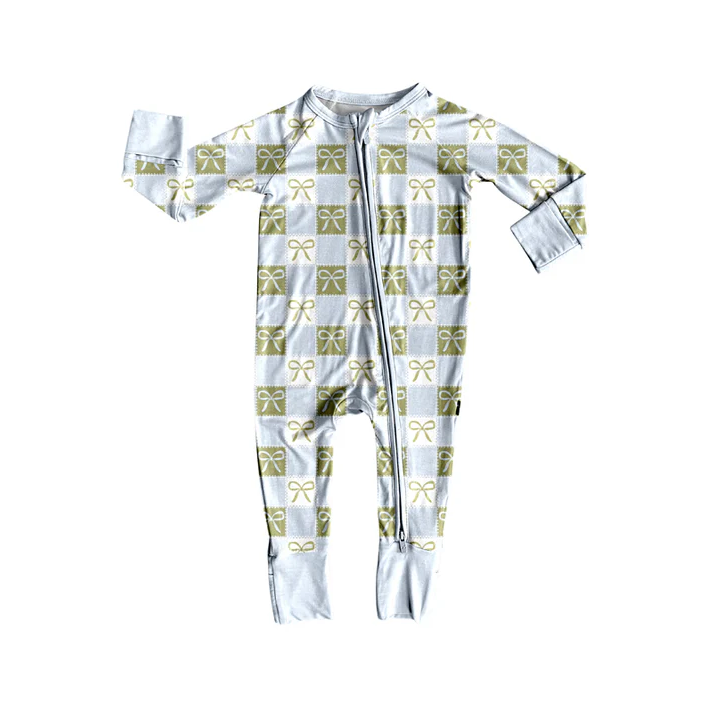 5.26 Preorder (moq 5)Baby Girls Long Sleeves Blue Green Plaid Bows Zipper Rompers