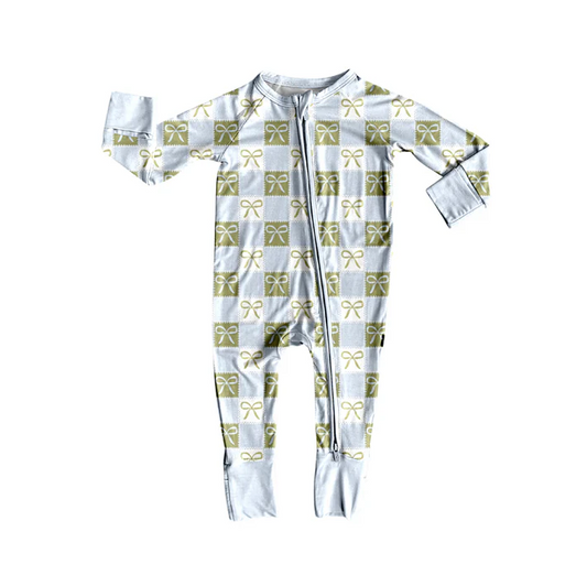 5.26 Preorder (moq 5)Baby Girls Long Sleeves Blue Green Plaid Bows Zipper Rompers