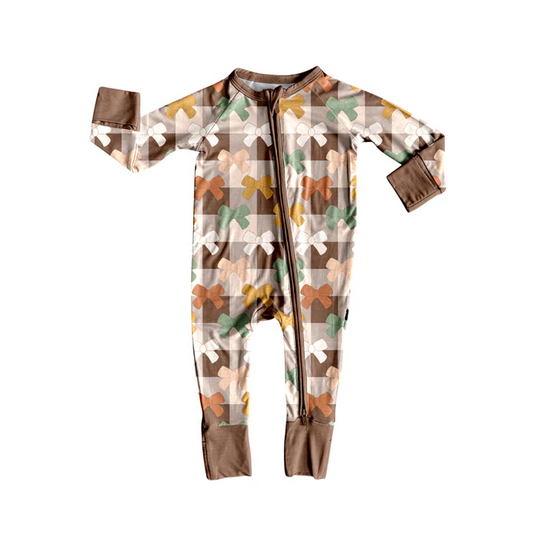 5.26 Preorder (moq 5)Baby Girls Long Sleeves Khaki Plaid Bows Zipper Rompers