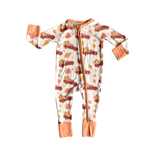 5.26 Preorder (moq 5)Baby Girls Long Sleeves Red Trucks Pumpkins Leaves Zipper Rompers