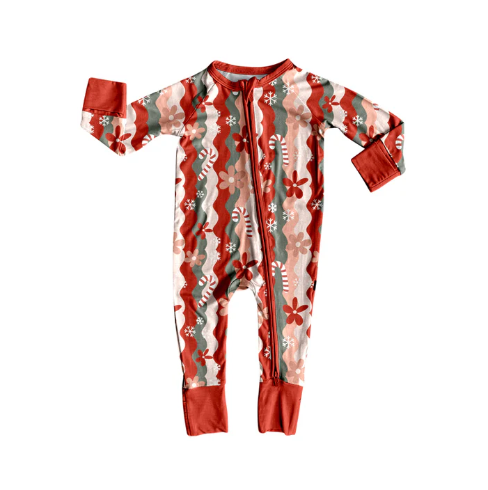 5.26 Preorder (moq 5)Baby Girls Long Sleeves Red Candy Cane Flowers Zipper Rompers