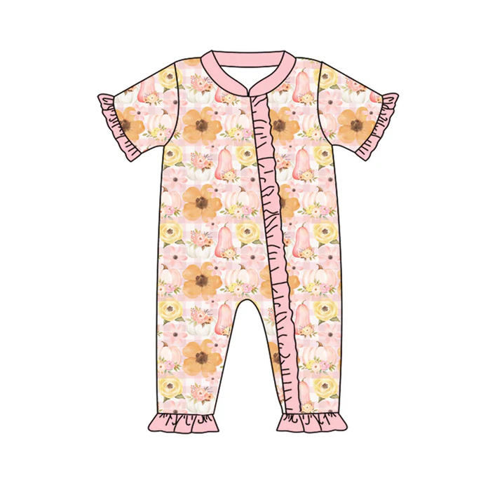 5.26 Preorder (moq 5)Baby Girls Peach Short Ruffle Sleeves Pumpkins Floral Zipper Rompers