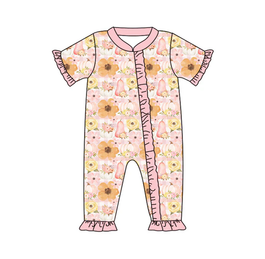 5.26 Preorder (moq 5)Baby Girls Peach Short Ruffle Sleeves Pumpkins Floral Zipper Rompers