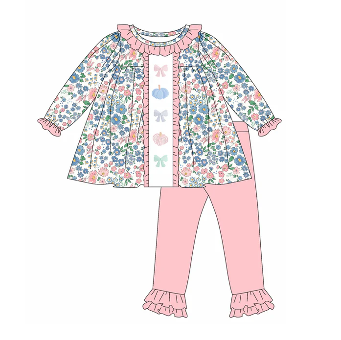 5.26 Preorder (moq 5)Baby Girls Long Sleeves Blue Floral Pumpkins Bows Tunic Ruffle Pant Set