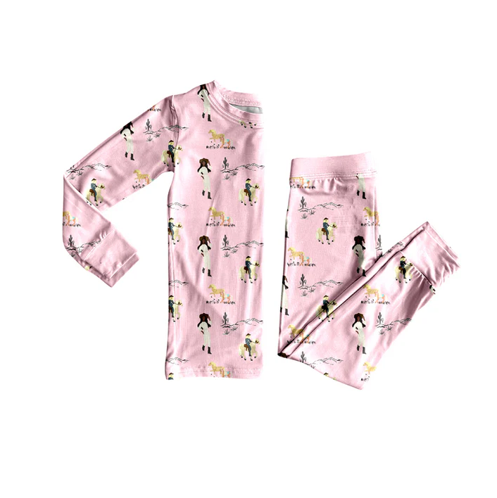 5.26 Preorder (moq 5)Baby Girls Long Sleeves Pink Horse Rodeos Top Pant Pajamas Set