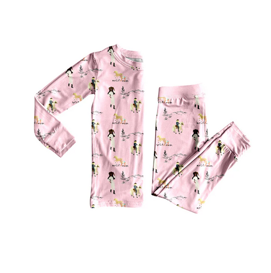 5.26 Preorder (moq 5)Baby Girls Long Sleeves Pink Horse Rodeos Top Pant Pajamas Set