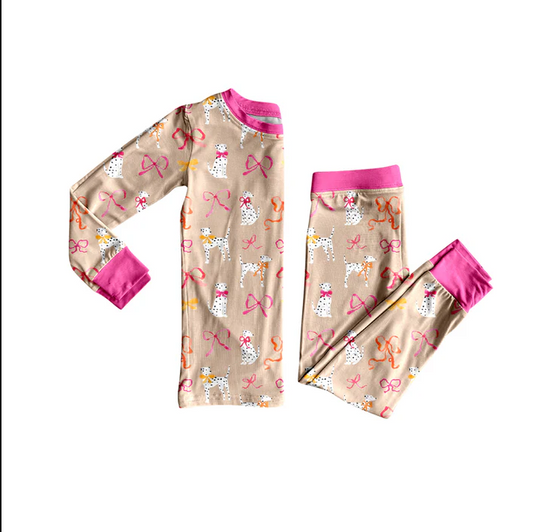 5.26 Preorder (moq 5)Baby Girls Long Sleeves Pink Dogs Bows Top Pant Pajamas Set