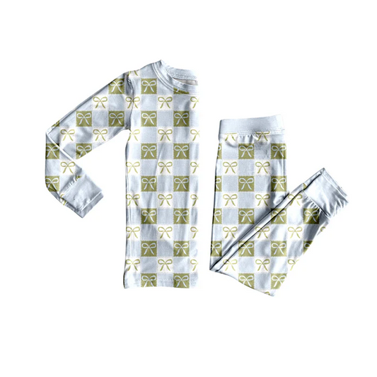 5.26 Preorder (moq 5)Baby Girls Long Sleeves Blue Green Plaid Bows Top Pant Pajamas Set