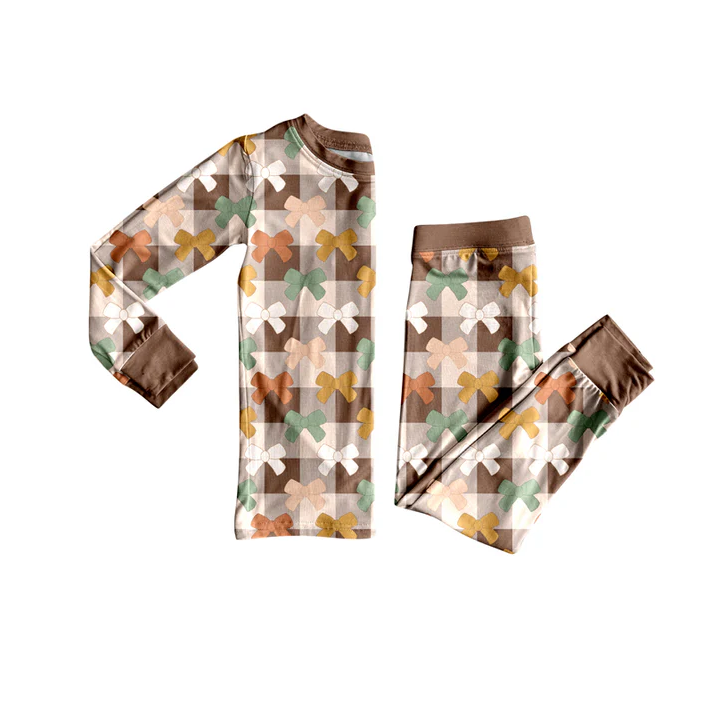 5.26 Preorder (moq 5)Baby Girls Long Sleeves Khaki Plaid Bows Top Pant Pajamas Set