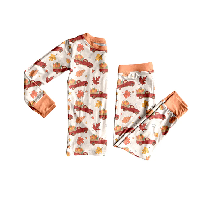 5.26 Preorder (moq 5)Baby Girls Long Sleeves Red Trucks Pumpkins Leaves Top Pant Pajamas Set