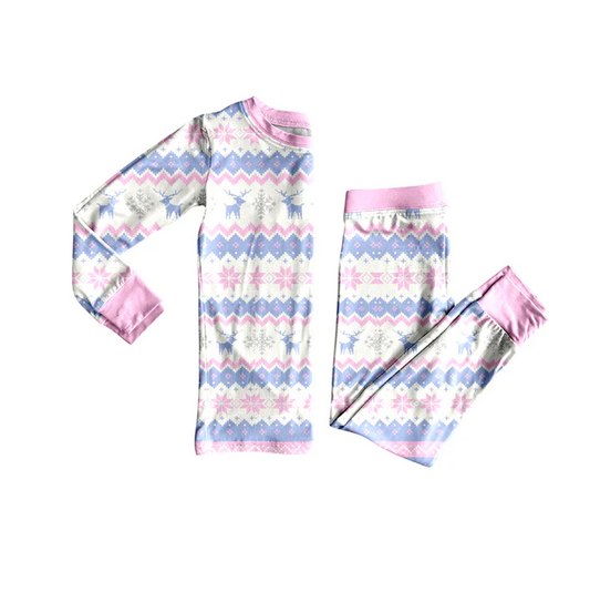 5.26 Preorder (moq 5)Baby Girls Long Sleeves Lavender Deer Snowflake Top Pant Pajamas Set