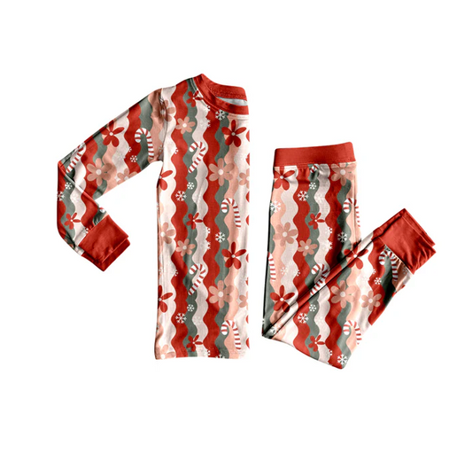 5.26 Preorder (moq 5)Baby Girls Long Sleeves Red Flowers Candy Cane Top Pant Pajamas Set