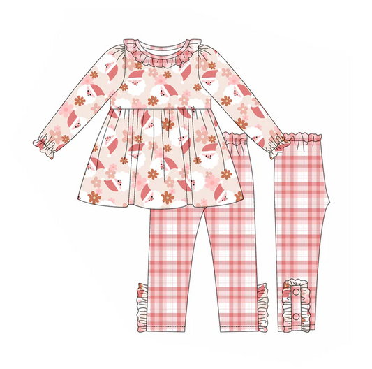 5.26 Preorder (moq 5)Baby Girls Long Ruffle Sleeves Peach Flowers Santa Tunic Legging Pant Set