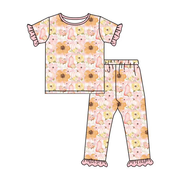 5.26 Preorder (moq 5)Baby Girls Short Ruffle Sleeves Flowers Pumpkins Top Pant Pajamas Set