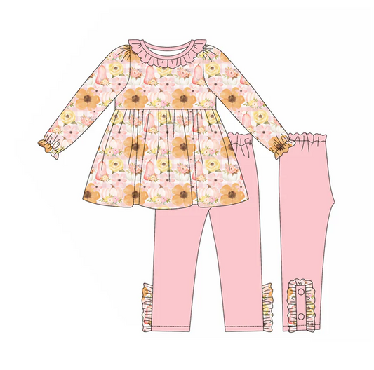5.26 Preorder (moq 5)Baby Girls Long Ruffle Sleeves Flowers Pumpkins Tunic Legging Pant Set