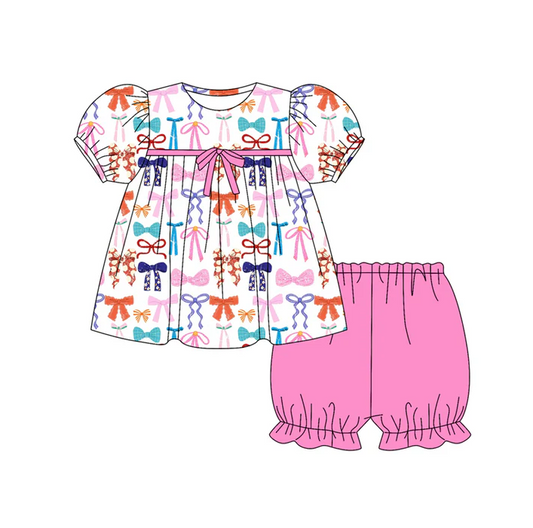 5.26 Preorder (moq 5)Baby Girls Short Ruffle Sleeves Colorful Bows Plaid Tunic Shorts Set