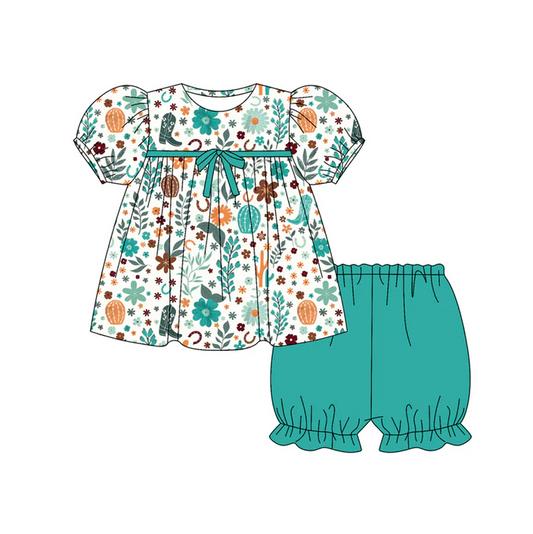 5.26 Preorder (moq 5)Baby Girls Short Ruffle Sleeves Blue Floral Boots Tunic Shorts Set