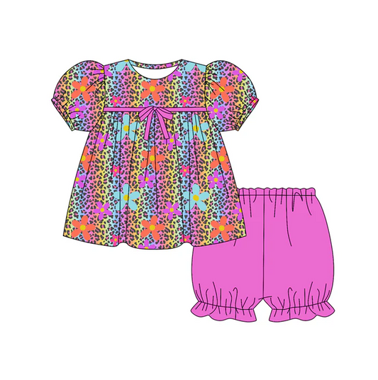 5.26 Preorder (moq 5)Baby Girls Short Ruffle Sleeves Colorful Leopard Flowers Tunic Shorts Set