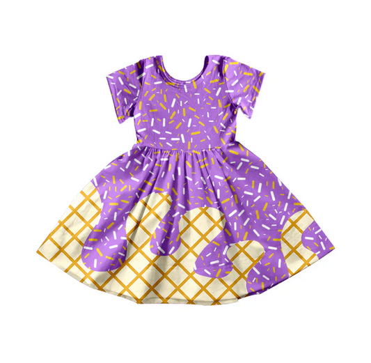 5.26 Preorder moq 5 Baby Girls Purple Ice Cream Drips Sprinkles Knee Length Dresses