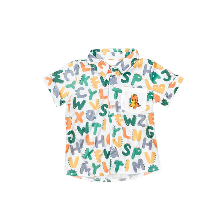 5.27 Preorder moq 5 Baby Boys Short Sleeves Back To School Alphabet Pocket Button Shirts Tops