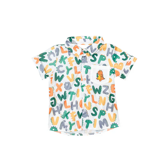 5.27 Preorder moq 5 Baby Boys Short Sleeves Back To School Alphabet Pocket Button Shirts Tops