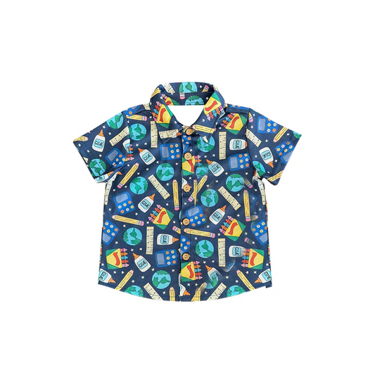 5.27 Preorder moq 5 Baby Boys Short Sleeves Back To School Crayons Pocket Button Shirts Tops