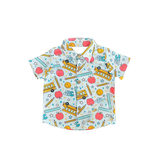 5.27 Preorder moq 5 Baby Boys Short Sleeves Back To School Bus Pocket Button Shirts Tops