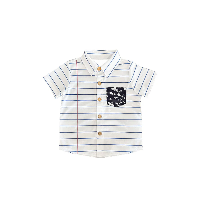 5.27 Preorder moq 5 Baby Boys Short Sleeves Back To School White Stripes Pocket Button Shirts Tops