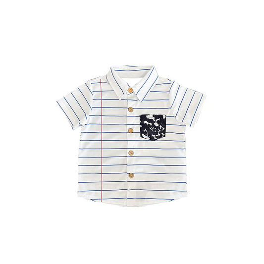 5.27 Preorder moq 5 Baby Boys Short Sleeves Back To School White Stripes Pocket Button Shirts Tops