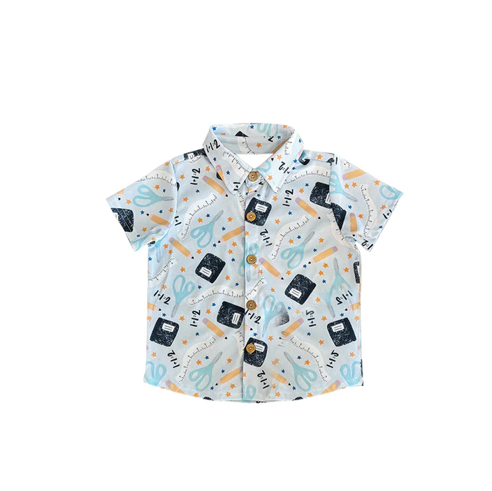 5.27 Preorder moq 5 Baby Boys Short Sleeves Back To School Rulers Pocket Button Shirts Tops