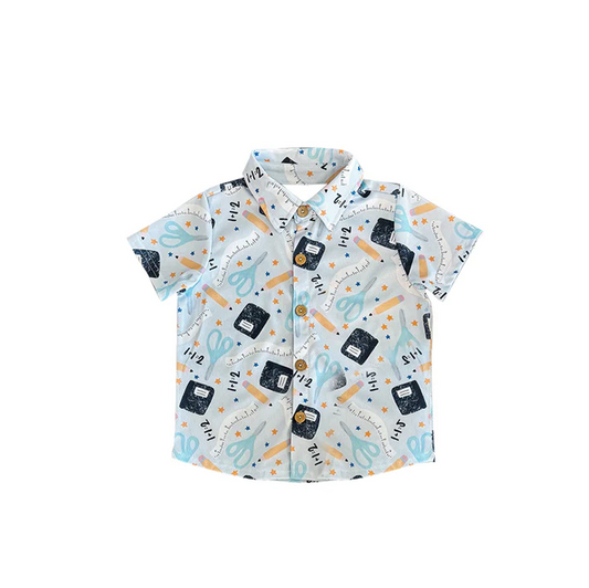 5.27 Preorder moq 5 Baby Boys Short Sleeves Back To School Rulers Pocket Button Shirts Tops