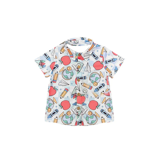 5.27 Preorder moq 5 Baby Boys Short Sleeves Back To School Pencils Apple Pocket Button Shirts Tops