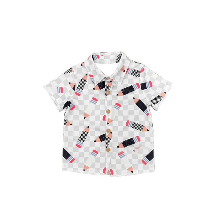 5.27 Preorder moq 5 Baby Boys Short Sleeves Back To School Pencils Pocket Button Shirts Tops