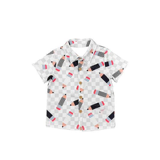 5.27 Preorder moq 5 Baby Boys Short Sleeves Back To School Pencils Pocket Button Shirts Tops