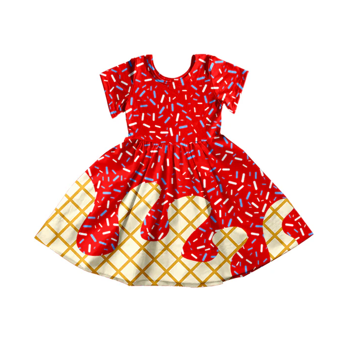5.27 Preorder moq 5 Baby Girls Red Ice Cream Drips Sprinkles Knee Length Dresses