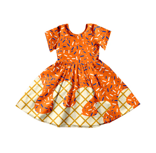 5.27 Preorder moq 5 Baby Girls Orange Ice Cream Drips Sprinkles Knee Length Dresses