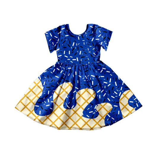 5.27 Preorder moq 5 Baby Girls Blue Ice Cream Drips Sprinkles Knee Length Dresses