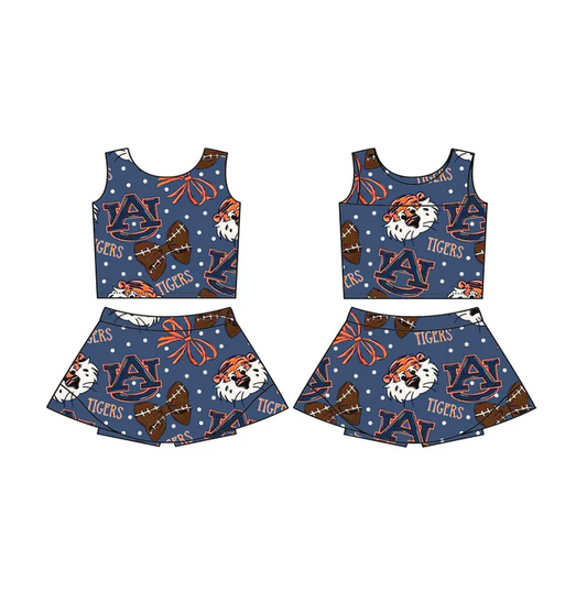 5.27 Preorder (moq 5)Baby Girls AU Tiger Bows Team Sleeveless Top Skorts Sets
