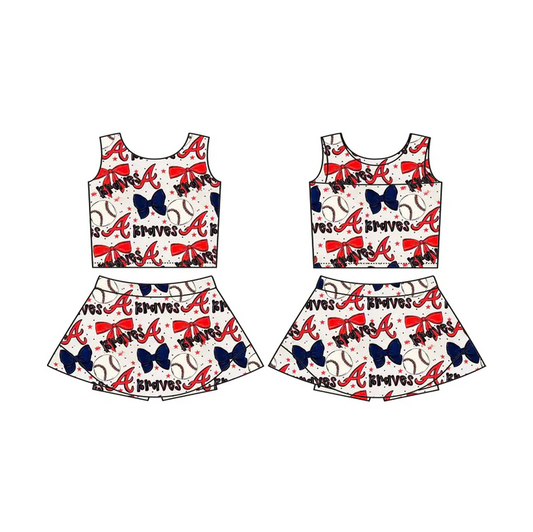 5.27 Preorder (moq 5)Baby Girls Braves Baseball Team Sleeveless Top Skorts Sets