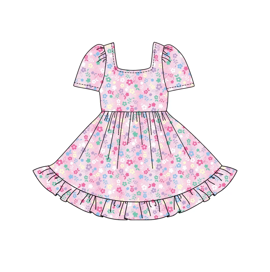 5.27 Preorder (moq 5)Baby Girls Pink Short Sleeves Colorful Daisy Ruffle Knee Length Dresses