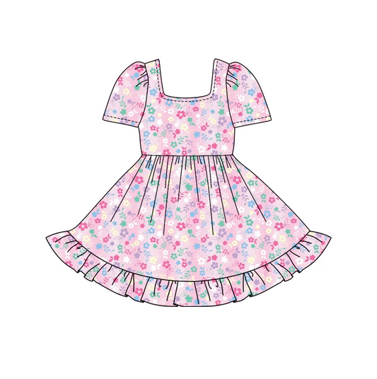 5.27 Preorder (moq 5)Baby Girls Pink Short Sleeves Colorful Daisy Ruffle Knee Length Dresses