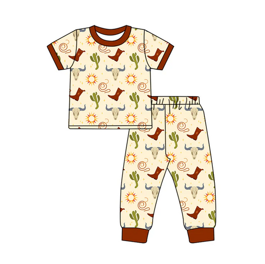 5.27 Preorder (moq 5)Baby Boys Khaki Short Sleeves Boots Cactus Bull Skull Top Pant Pajamas Set