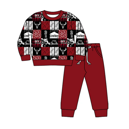 5.29 Preorder (moq 5)Baby Girls Long Sleeves Cowboy Red Western Top Pant Clothes Sets