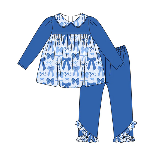 5.29 Preorder (moq 5)Baby Girls Hot Blue Long Sleeves Bows Plaid Tunic Legging Ruffle Pant Set