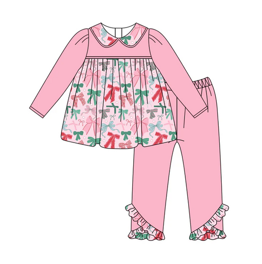 5.29Preorder (moq 5)Baby Girls Pink Long Sleeves Colorful Bows Tunic Legging Ruffle Pant Set