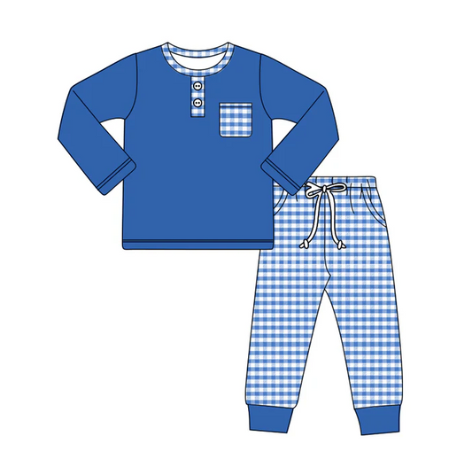 5.29 Preorder (moq 5)Baby Boys Hot Blue Long Sleeves Button Pocket Top Plaid Legging Pant Set
