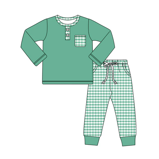 5.29Preorder (moq 5)Baby Boys Green Long Sleeves Button Pocket Top Plaid Legging Pant Set