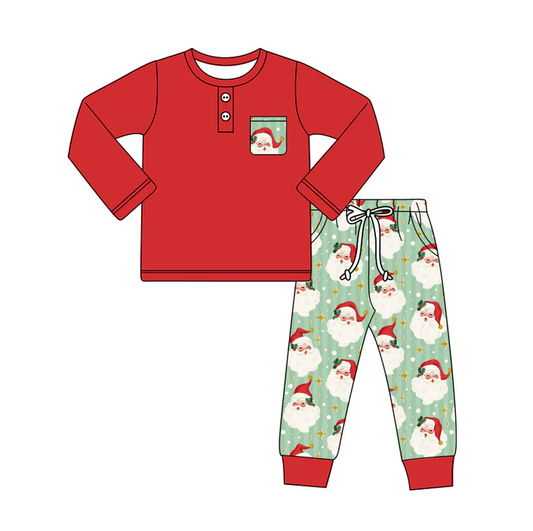5.29 Preorder (moq 5)Baby Boys Red Long Sleeves Button Pocket Top Santa Stars Legging Pant Set